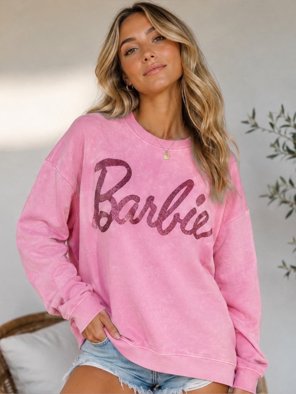 Barbie Pink Wash Pullover Crewneck Sweatshirt Pink Glitter Logo Pullover Med